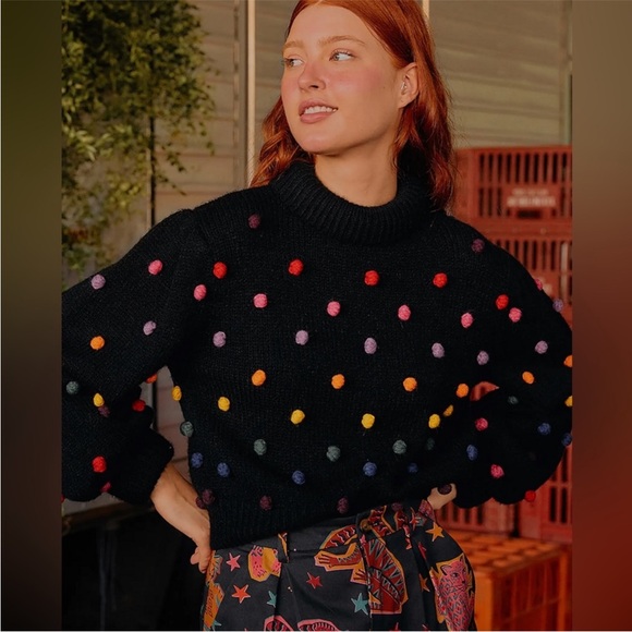 FARM Rio Sweaters - FARM RIO Rainbow Dot Pom Pom Sweater Black & Multicolor - EUC, Large